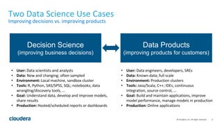 6© Cloudera, Inc. All rights reserved.
Two Data Science Use Cases
Improving decisions vs. improving products
Decision Science
(improving business decisions)
Data Products
(improving products for customers)
• User: Data scientists and analysts
• Data: New and changing; often sampled
• Environment: Local machine, sandbox cluster
• Tools: R, Python, SAS/SPSS, SQL; notebooks; data
wrangling/discovery tools, …
• Goal: Understand data, develop and improve models,
share results
• Production: Hosted/scheduled reports or dashboards
• User: Data engineers, developers, SREs
• Data: Known data; full scale
• Environment: Production clusters
• Tools: Java/Scala, C++; IDEs; continuous
integration, source control, …
• Goal: Build and maintain applications, improve
model performance, manage models in production
• Production: Online applications
 