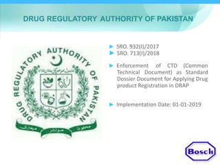 DRUG REGULATORY AUTHORITY OF PAKISTAN
► SRO. 932(I)/2017
► SRO. 713(I)/2018
► Enforcement of CTD (Common
Technical Document) as Standard
Dossier Document for Applying Drug
product Registration in DRAP
► Implementation Date: 01-01-2019
 