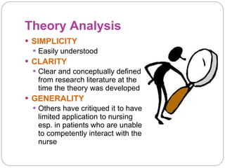 Theory Analysis SIMPLICITY Easily understood CLARITY Clear and conceptually defined from research literature at the time the theory was developed GENERALITY Others have critiqued it to have limited application to nursing esp. in patients who are unable to competently interact with the nurse 