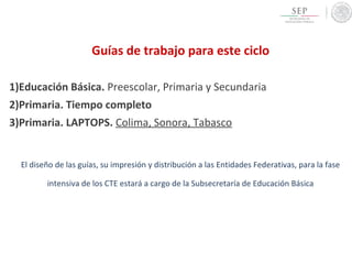 Guías de trabajo para este ciclo
1)Educación Básica. Preescolar, Primaria y Secundaria
2)Primaria. Tiempo completo
3)Primaria. LAPTOPS. Colima, Sonora, Tabasco
El diseño de las guías, su impresión y distribución a las Entidades Federativas, para la fase
intensiva de los CTE estará a cargo de la Subsecretaría de Educación Básica
 