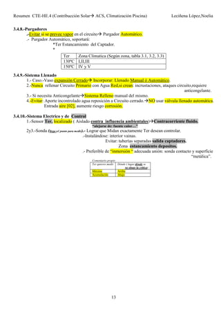 Resumen CTE-HE.4 (Contribucción Solar ACS, Climatización Piscina) Leciñena López,Noelia
13
3.4.8.-Purgadores
.-Evitar si se prevee vapor en el circuito Purgador Automático.
.- Purgador Automático, soportará:
*Ter Estancamiento del Captador.
*
3.4.9.-Sistema Llenado
1.- Caso.-Vaso expansión Cerrado Incorporar: Llenado Manual ó Automático.
2.-Nunca rellenar Circuito Primario con Agua Red,si crean: incrustaciones, ataques circuito,requiere
anticongelante.
3.- Si necesita Anticongelante Sistema Relleno manual del mismo.
4.-Evitar: Aporte incontrolado agua reposición a Circuito cerrado. NO usar válvula llenado automática.
Entrada aire [02], aumente riesgo corrosión.
3.4.10.-Sistema Electrico y de Control
1.-Sensor Ter, localizado ( Aislado contra influencia ambientales) Contracorriente fluido.
“alejarse de: fuente calor…”
2y3.-Sonda (llega a1 punto para medir).- Lograr que Midan exactamente Ter desean controlar.
.-Instalándose: interior vainas.
Evitar: tuberías separadas salida captadores.
Zona estancamiento depositos.
.- Preferible de “inmersión “ adecuada unión: sonda contacto y superficie
“metálica”.
Comentario propio
Ter quieres medir Dónde ( lugar dónde se
va situar la critica)
Máxima Arriba
Acumulación Abajo
Ter Zona Climatica (Según zona, tabla 3.1, 3.2, 3.3)
130ºC I,II,III
150ºC IV y V
 