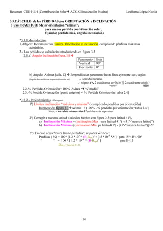 Resumen CTE-HE.4 (Contribucción Solar ACS, Climatización Piscina) Leciñena López,Noelia
14
3.5.CÁLCULO de las PÉRDIDAS por ORIENTACIÓN e INCLINACIÓN
( Uso PRÁCTICO: Mejor orientación “azimut”,
para menor perdida contribucción solar,
Fijando: perdida máx, angulo inclinación)
*3.5.1.-Introducción
1.-Objeto: Determinar los limites Orientación e inclinación, cumpliendo pérdidas máximas
admisibles.
2.- Las pérdidas se calcularán introduciendo en figura 3.3
2.1.a) Ángulo Inclinación [beta, B]
Paramento Beta
Vertical 90º
Horizontal 0º
b) Ángulo Acimut [alfa, Z] Perpendicular paramento hasta línea eje:norte-sur, según:
(ángulo desviación con respecto dirección sur) .- sentido horario.
.- signo: (+, 2 cuadrante arriba) ( -, 2 cuadrante abajo)
“norte” “sur”
2.2.% Perdidas Orientación= 100% -%área %”medio”
2.3.-% Perdida Orientación (punto anterior) < % Perdida Orientación [tabla 2.4]
*3.5.2.- Procedimiento ( + Farragoso)
1º) Límites inclinación “ máxima y mínima” ( cumpliendo perdidas por orientación)
Intersección figura 3.3 Acimut + (100% - % perdidas por orientación “tabla 2.4”)
Nota, si no existe intersección Perdidas serán superiores
2º) Corregir a nuestra latitud (calculos hechos con figura 3.3 para latitud 41º),
a) Inclinación Máxima = (inclinación Máx para latitud 41º) - (41º-“nuestra latitud”)
b) Inclinación Mínima=[(inclinación Mín. pa latitud41º) - (41º-“nuestra latitud”)]>5º
3º) En caso cerca “cerca límite perdidas”, se podrá verificar:
Perdidas ( %) = 100* [1,2 *10-4
* (B-Bopt)2
+ 3,5 *10-5
*Z2
] para 15º< B< 90º
“ “ = 100 * [ 1,2 * 10-4
* (B-Bopt)2
] para B<15
Bopt -->Versé en 2.1.11.
 