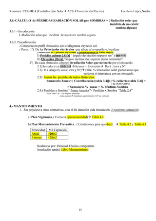 Resumen CTE-HE.4 (Contribucción Solar ACS, Climatización Piscina) Leciñena López,Noelia
15
3.6.-CÁLCULO de PÉRDIDAS RADIACIÓN SOLAR por SOMBRAS = ( Radiación solar que
incidiria de no existir
sombra alguna)
3.6.1.- Introducción
1.-Radiación solar que incidiria de no existir sombra alguna.
3.6.2. Procedimiento
.-Comparación perfil obstáculos con el diagrama trayectos sol.
.- Pasos: 1º) De los Principales obstáculos que afecta a la superficie, localizar
[“ambos datos los + próximos a la realidad, se puedan introducir en Tablas Anejo B]
I) Posición acimut [Alfa] “ ángulo desviación respecto sur” ( sur = +)
II) Elevación [Beta] “ángulo inclinación respecto plano horizontal”.
2º) De cada obstaculo, obtener Irradiación Solar que no incide por el obstaculo.
2.1) Introducir en tabla 3.4 Azimut + Elevación Dará : letra y Nº
2.2) Ir a Anejo B, con (Letra y Nº) Dará: % irradiación solar global anual que
perderia si intercetase con un obstaculo.
2.3) Sumar las perdidas de todos óbstaculos.
Sumatorio Zonas= [ Contribucción (tabla 3.4)]x [% cubierto (tabla 3.4)] =
( Ej: 25,50,75,100%)
= Sumatorio % zonas = % Pérdidas Sombra
2.4.) Perdidas x Sombra “ Punto Anterior”< Perdidas x Sombra “Tabla 2.4”
Nota tabla 3.4.- + es después mediodía.
.-islas canarias desplazar superiormente (12º eje vertical)
4.- MANTENIMIENTO
1.- Sin perjuicio a otras normativas, con el fin duración vida instalación, 2 escalones actuación:
a) Plan Vigilancia. ( Correcta operacionalidad) Tabla 4.1
b) Plan Mantenimiento Preventivo. ( Condiciones para que dure) Tabla 4.2 y Tabla 4.3
Realizarse por: Personal Técnico competente.
Instalación tendrá: Libro Mantenimiento
Periocidad M2 Captación
Anual >20m2
6 meses <20m2
 