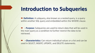 PPT of Common Table Expression (CTE), Window Functions, JOINS, SubQuery ...