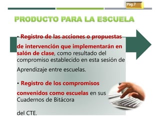 • Registro de las acciones o propuestas
de intervención que implementarán en
salón de clase, como resultado del
compromiso establecido en esta sesión de
Aprendizaje entre escuelas.
• Registro de los compromisos
convenidos como escuelas en sus
Cuadernos de Bitácora
del CTE.
 