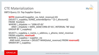 Copyright © 2016, Oracle and/or its affiliates. All rights reserved. |
CTE Materialization
WITH revenue0 (supplier_no, total_revenue) AS
(SELECT l_suppkey, SUM(l_extendedprice * (1-l_discount))
FROM lineitem
WHERE l_shipdate >= '1996-07-01'
AND l_shipdate < DATE_ADD('1996-07-01‘, INTERVAL '90' day)
GROUP BY l_suppkey)
SELECT s_suppkey, s_name, s_address, s_phone, total_revenue
FROM supplier, revenue0
WHERE s_suppkey = supplier_no
AND total_revenue = (SELECT MAX(total_revenue) FROM revenue0)
ORDER BY s_suppkey;
DBT3 Query 15: Top Supplier Query
 