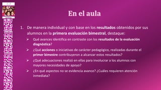 1. De manera individual y con base en los resultados obtenidos por sus
alumnos en la primera evaluación bimestral, destaque:
 Qué avances identifica en contraste con los resultados de la evaluación
diagnóstica?
 ¿Qué acciones o iniciativas de carácter pedagógico, realizadas durante el
primer bimestre contribuyeron a alcanzar estos resultados?
 ¿Qué adecuaciones realizó en ellas para involucrar a los alumnos con
mayores necesidades de apoyo?
 ¿En qué aspectos no se evidencia avance? ¿Cuáles requieren atención
inmediata?
 
