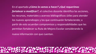 En el apartado ¿Cómo lo vamos a hacer? ¿Qué requerimos
fortalecer o modificar?, el colectivo docente identifica las acciones,
los recursos, materiales y acervos bibliográficos útiles para atender
los nuevos aprendizajes y los que continuarán fortaleciendo; a
partir de esto acuerdan compromisos y responsabilidades que les
permitan fortalecer su Ruta de Mejora Escolar considerando la
nueva información con que cuentan.
 
