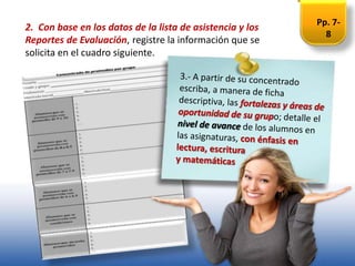 2. Con base en los datos de la lista de asistencia y los
Reportes de Evaluación, registre la información que se
solicita en el cuadro siguiente.
Pp. 7-
8
 