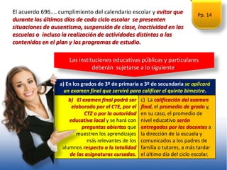 El acuerdo 696.... cumplimiento del calendario escolar y evitar que
durante los últimos días de cada ciclo escolar se presenten
situaciones de ausentismo, suspensión de clase, inactividad en las
escuelas o incluso la realización de actividades distintas a las
contenidas en el plan y los programas de estudio.
a) En los grados de 3º de primaria a 3º de secundaria se aplicará
un examen final que servirá para calificar el quinto bimestre.
b) El examen final podrá ser
elaborado por el CTE, por el
CTZ o por la autoridad
educativa local y se hará con
preguntas abiertas que
muestren los aprendizajes
más relevantes de los
alumnos respecto a la totalidad
de las asignaturas cursadas.
c) La calificación del examen
final, el promedio de grado y,
en su caso, el promedio de
nivel educativo serán
entregados por los docentes a
la dirección de la escuela y
comunicados a los padres de
familia o tutores, a más tardar
el último día del ciclo escolar.
Las instituciones educativas públicas y particulares
deberán sujetarse a lo siguiente:
Pp. 14
 