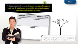 Pág.11
4. Elabore, de igual manera, el reporte correspondiente para
cada uno de los alumnos promovidos con condiciones y de
aquellos que NO serán promovidos.
 
