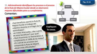 15. Adicionalmente identifiquen los procesos o el proceso
de la Ruta de Mejora Escolar donde se observaron
mayores dificultades para su cumplimiento.
Comenten:
Pág. 15-16
Expliquen
la causa.
 