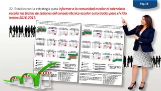 22. Establezcan la estrategia para informar a la comunidad escolar el calendario
escolar las fechas de sesiones del consejo técnico escolar autorizadas para el ciclo
lectivo 2016-2017.
Pág.18
 