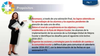 Propósitos
• Reconozca, a través de una valoración final, los logros obtenidos en
los aprendizajes de los alumnos y los aspectos pendientes de
atención de cada uno de ellos.
• Valore el nivel de cumplimiento en los objetivos y metas
establecidas en la Ruta de Mejora Escolar; los alcances de la
implementación de las acciones de su Estrategia Global de Mejora
Escolar e identifique los desafíos para el siguiente ciclo lectivo
2016-2017.
• Organice las acciones y estrategias para la rendición de cuentas a
la comunidad escolar y defina el plan para comunicar el calendario
escolar 2016-2017, con la determinación de las fechas en que
sesionará el CTE.
Pág. 7
 