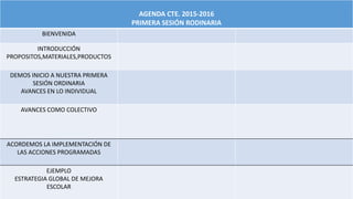 AGENDA CTE. 2015-2016
PRIMERA SESIÓN RODINARIA
BIENVENIDA
INTRODUCCIÓN
PROPOSITOS,MATERIALES,PRODUCTOS
DEMOS INICIO A NUESTRA PRIMERA
SESIÓN ORDINARIA
AVANCES EN LO INDIVIDUAL
AVANCES COMO COLECTIVO
ACORDEMOS LA IMPLEMENTACIÓN DE
LAS ACCIONES PROGRAMADAS
EJEMPLO
ESTRATEGIA GLOBAL DE MEJORA
ESCOLAR
 