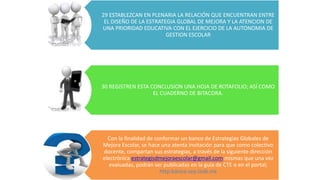 29 ESTABLEZCAN EN PLENARIA LA RELACIÓN QUE ENCUENTRAN ENTRE
EL DISEÑO DE LA ESTRATEGIA GLOBAL DE MEJORA Y LA ATENCION DE
UNA PRIORIDAD EDUCATIVA CON EL EJERCICIO DE LA AUTONOMIA DE
GESTION ESCOLAR
30 REGISTREN ESTA CONCLUSION UNA HOJA DE ROTAFOLIO; ASÍ COMO
EL CUADERNO DE BITACORA.
Con la finalidad de conformar un banco de Estrategias Globales de
Mejora Escolar, se hace una atenta invitación para que como colectivo
docente, compartan sus estrategias, a través de la siguiente dirección
electrónica estrategisdmejoraescolar@gmail.com mismas que una vez
evaluadas, podrán ser publicadas en la guía de CTE o en el portal;
http:básica.sep.Gob.mx
 