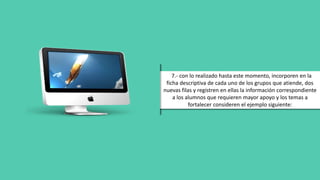 77.- con lo realizado hasta este momento, incorporen en la
ficha descriptiva de cada uno de los grupos que atiende, dos
nuevas filas y registren en ellas la información correspondiente
a los alumnos que requieren mayor apoyo y los temas a
fortalecer consideren el ejemplo siguiente:
 