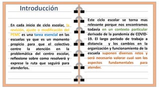 En cada inicio de ciclo escolar, la
revisión, ajuste o modificación del
PEMC es una tarea esencial en las
escuelas ya que es un momento
propicio para que el colectivo
centre la atención en la
problemática del centro escolar,
reflexione sobre como resolverá y
exprese la ruta que seguirá para
atenderlos.
Este ciclo escolar se torna mas
relevante porque nos encontramos
todavía en un contexto particular
derivado de la pandemia de COVID-
19. El largo periodo de trabajo a
distancia y los cambios en la
organización y funcionamiento de la
escuela suponen diversos retos y
será necesario valorar cual son los
aspectos fundamentales para
atender.
 
