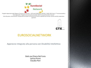 EUROSOCIALNETWORK
Approccio integrato alla persona con Disabilità Intellettiva
Dott.ssa Chiara Del Furia
Letizia Pironi
Claudia Pieri
 