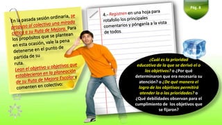 Pág. 8
¿Cuál es la prioridad
educativa de la que se derivó el o
los objetivos? o ¿Por qué
determinaron que era necesaria su
atención? o ¿De qué manera el
logro de los objetivos permitirá
atender la o las prioridades? o
¿Qué debilidades observan para el
cumplimiento de los objetivos que
se fijaron?
 