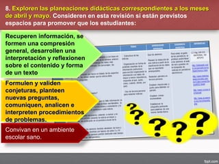 Recuperen información, se
formen una compresión
general, desarrollen una
interpretación y reflexionen
sobre el contenido y forma
de un texto.
Formulen y validenFormulen y validen
conjeturas, planteenconjeturas, planteen
nuevas preguntas,nuevas preguntas,
comuniquen, analicen ecomuniquen, analicen e
interpreten procedimientosinterpreten procedimientos
de problemas.de problemas.
Convivan en un ambiente
escolar sano.
8. Exploren las planeaciones didácticas correspondientes a los mesesExploren las planeaciones didácticas correspondientes a los meses
de abril y mayo.de abril y mayo. Consideren en esta revisión si están previstos
espacios para promover que los estudiantes:
 