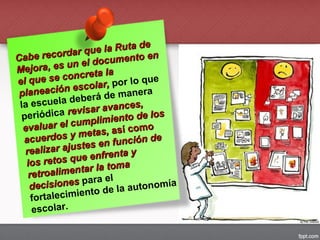 Cabe recordar que la Ruta de
Cabe recordar que la Ruta de
Mejora, es un el documento en
Mejora, es un el documento en
el que se concreta la
el que se concreta la
planeación escolar,
planeación escolar, por lo que
la escuela deberá de manera
periódica revisar avances,
revisar avances,
evaluar el cumplimiento de los
evaluar el cumplimiento de los
acuerdos y metas,
acuerdos y metas, así comoasí como
realizar ajustes en función de
realizar ajustes en función de
los retos que enfrenta y
los retos que enfrenta y
retroalimentar la toma
retroalimentar la toma
decisionesdecisiones para el
fortalecimiento de la autonomía
escolar.
 