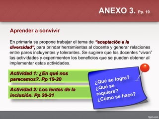 Aprender a convivir
ANEXO 3. Pp. 19
En primaria se propone trabajar el tema de “aceptación a la“aceptación a la
diversidad”,diversidad”, para brindar herramientas al docente y generar relaciones
entre pares incluyentes y tolerantes. Se sugiere que los docentes “vivan”
las actividades y experimenten los beneficios que se pueden obtener al
implementar estas actividades.
Actividad 1: ¿En qué nosActividad 1: ¿En qué nos
parecemos?. Pp 19-20parecemos?. Pp 19-20
Actividad 2: Los lentes de laActividad 2: Los lentes de la
inclusión. Pp 20-21inclusión. Pp 20-21
¿Qué se logra?
¿Qué se
requiere?
¿Cómo se hace?
 