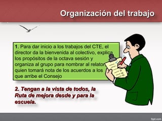 1. Para dar inicio a los trabajos del CTE, el
director da la bienvenida al colectivo, explica
los propósitos de la octava sesión y
organiza al grupo para nombrar al relator,
quien tomará nota de los acuerdos a los
que arribe el Consejo
Organización del trabajoOrganización del trabajo
2. Tengan a la vista de todos, la2. Tengan a la vista de todos, la
Ruta de mejora desde y para laRuta de mejora desde y para la
escuela.escuela.
 