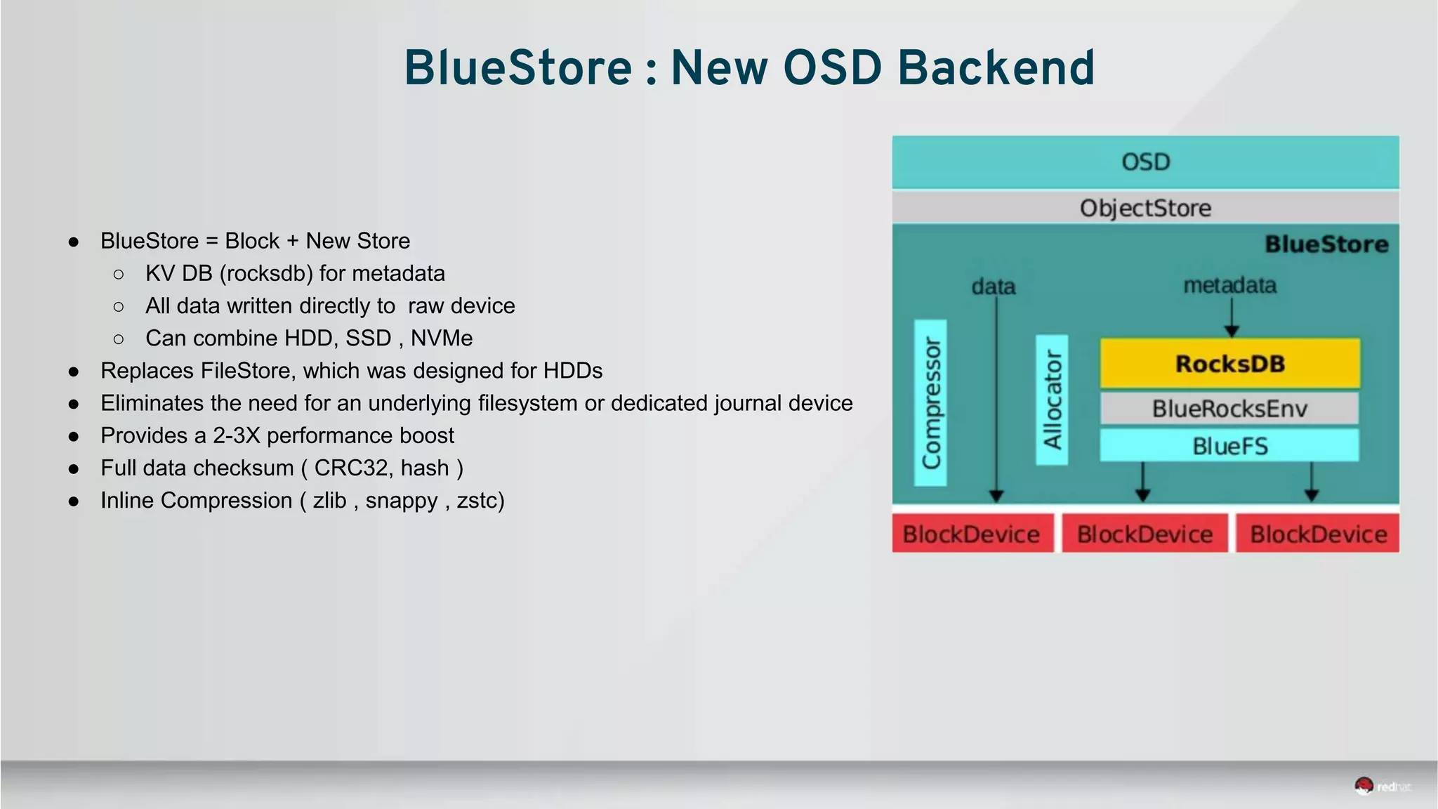 BlueStore : New OSD Backend
● BlueStore = Block + New Store
○ KV DB (rocksdb) for metadata
○ All data written directly to raw device
○ Can combine HDD, SSD , NVMe
● Replaces FileStore, which was designed for HDDs
● Eliminates the need for an underlying filesystem or dedicated journal device
● Provides a 2-3X performance boost
● Full data checksum ( CRC32, hash )
● Inline Compression ( zlib , snappy , zstc)
 