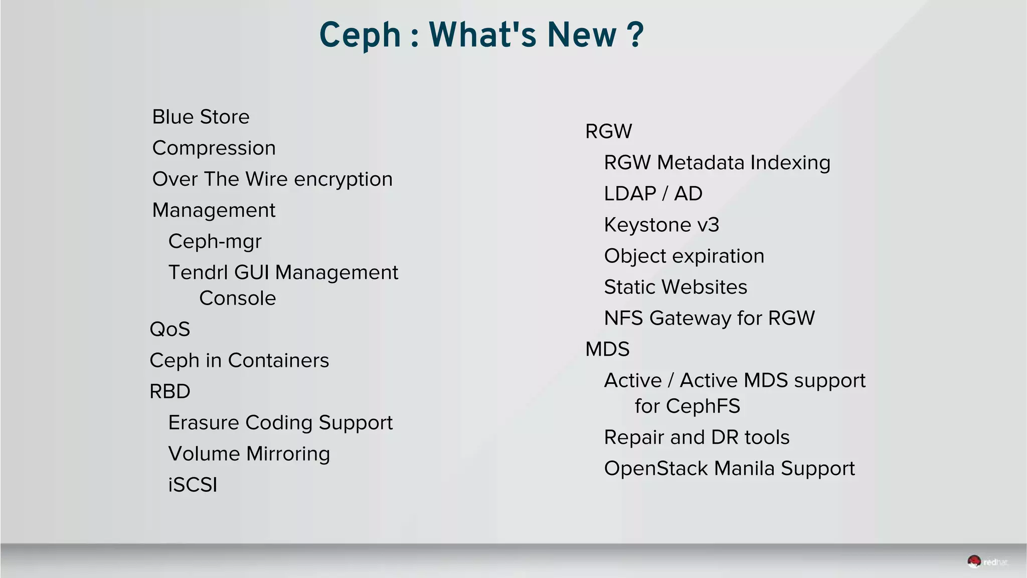 Blue Store
Compression
Over The Wire encryption
Management
Ceph-mgr
Tendrl GUI Management
Console
QoS
Ceph in Containers
RBD
Erasure Coding Support
Volume Mirroring
iSCSI
Ceph : What's New ?
RGW
RGW Metadata Indexing
LDAP / AD
Keystone v3
Object expiration
Static Websites
NFS Gateway for RGW
MDS
Active / Active MDS support
for CephFS
Repair and DR tools
OpenStack Manila Support
 