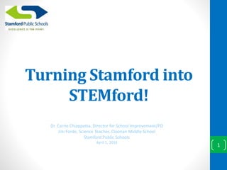 Turning Stamford into
STEMford!
Dr. Carrie Chiappetta, Director for School Improvement/PD
Jim Forde, Science Teacher, Cloonan Middle School
Stamford Public Schools
April 1, 2016
1
 