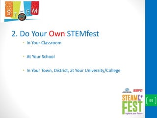 2. Do Your Own STEMfest
• In Your Classroom
• At Your School
• In Your Town, District, at Your University/College
55
 