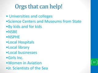 Orgs that can help!
57
• Universities and colleges
•Science Centers and Museums from State
•By kids and for kids
•NSBE
•NSPHE
•Local Hospitals
•Local library
•Local businesses
•Girls Inc.
•Women in Aviation
•Jr. Scientists of the Sea
 