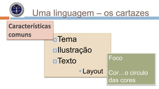 Uma linguagem – os cartazes 
Tema 
Ilustração 
Texto 
Layout 
Características 
comuns 
Foco 
Cor…o circulo 
das cores 
 