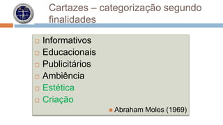 Cartazes – categorização segundo 
finalidades 
 Informativos 
 Educacionais 
 Publicitários 
 Ambiência 
 Estética 
 Criação 
 Abraham Moles (1969) 
 