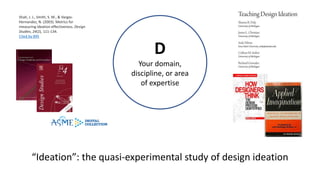 D
Your domain,
discipline, or area
of expertise
“Ideation”: the quasi-experimental study of design ideation
Shah, J. J., Smith, S. M., & Vargas-
Hernandez, N. (2003). Metrics for
measuring ideation effectiveness. Design
Studies, 24(2), 111-134.
Cited by 895
 