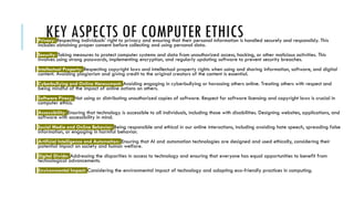 KEY ASPECTS OF COMPUTER ETHICS
Privacy: Respecting individuals' right to privacy and ensuring that their personal information is handled securely and responsibly. This
includes obtaining proper consent before collecting and using personal data.
Security: Taking measures to protect computer systems and data from unauthorized access, hacking, or other malicious activities. This
involves using strong passwords, implementing encryption, and regularly updating software to prevent security breaches.
Intellectual Property: Respecting copyright laws and intellectual property rights when using and sharing information, software, and digital
content. Avoiding plagiarism and giving credit to the original creators of the content is essential.
Cyberbullying and Online Harassment: Avoiding engaging in cyberbullying or harassing others online. Treating others with respect and
being mindful of the impact of online actions on others.
Software Piracy: Not using or distributing unauthorized copies of software. Respect for software licensing and copyright laws is crucial in
computer ethics.
Accessibility: Ensuring that technology is accessible to all individuals, including those with disabilities. Designing websites, applications, and
software with accessibility in mind.
Social Media and Online Behavior: Being responsible and ethical in our online interactions, including avoiding hate speech, spreading false
information, or engaging in harmful behavior.
Artificial Intelligence and Automation: Ensuring that AI and automation technologies are designed and used ethically, considering their
potential impact on society and human welfare.
Digital Divide: Addressing the disparities in access to technology and ensuring that everyone has equal opportunities to benefit from
technological advancements.
Environmental Impact: Considering the environmental impact of technology and adopting eco-friendly practices in computing.
 
