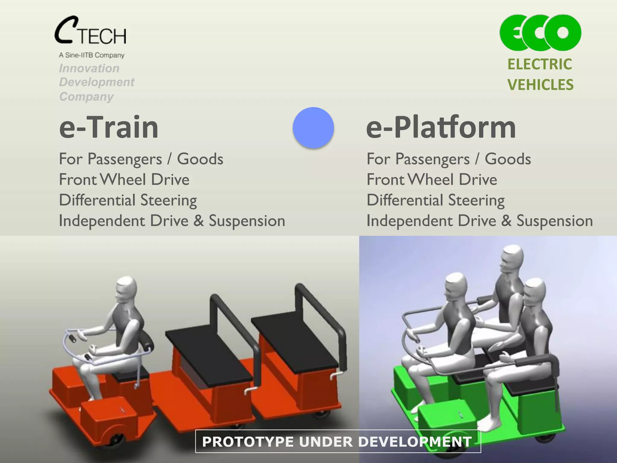 e-­‐Train	
  
Innovation
Development
Company
e-­‐Pla^orm	
  
For Passengers / Goods	

Front Wheel Drive	

Differential Steering	

Independent Drive & Suspension	

For Passengers / Goods	

Front Wheel Drive	

Differential Steering	

Independent Drive & Suspension	

PROTOTYPE UNDER DEVELOPMENT
ELECTRIC	
  	
  
VEHICLES	
  
 