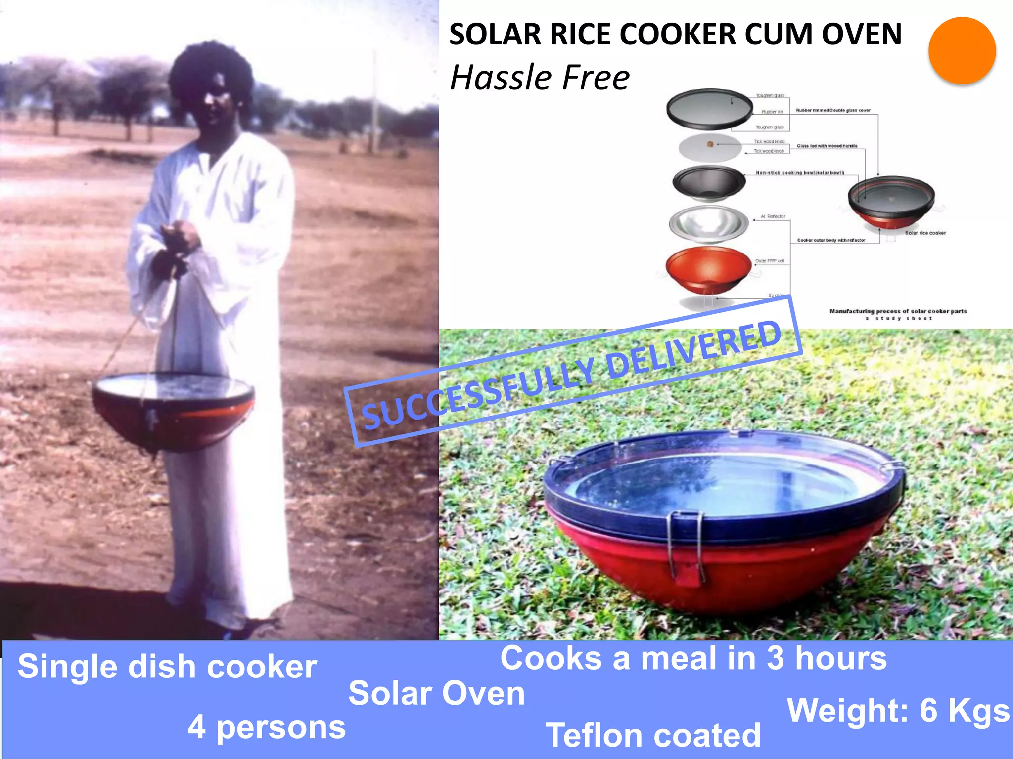 Single dish cooker
Solar Oven
Cooks a meal in 3 hours
Weight: 6 Kgs
Teflon coated4 persons
SOLAR	
  RICE	
  COOKER	
  CUM	
  OVEN	
  
Hassle	
  Free	
  
SUCCESSFULLY	
  DELIVERED	
  
 