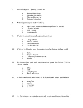7.    Two basic types of Operating Systems are

             a.      Sequential and direct
             b.      Batch and timesharing
             c.      Direct and interactive
             d.      Batch and interactive

8.    Multiprogramming was made possible by

             a.      Input/Output units that operate independently of the CPU
             b.      Operating Systems
             c.      Both c and d
             d.      Neither a and b

9.    What is the alternative name for application software

             a.      Utility software
             b.      Specific software
             c.      End-user software
             d.      Practical software

10    Which of the following is not the characteristic of a relational database model

             a.      Tables
             b.      Treelike structure
             c.      Complex logical relationship
             d.      Records

11.   The language used in the application programs to request data from the DBMS is
      referred to as the

             a.      DML
             b.      DDL
             c.      Query language
             d.      Any of the Above

12.   In data flow diagrams, an originator or receiver of data is usually designated by

             a.      square box
             b.      a circle
             c.      a rectangle
             d.      an arrow




13.   A. Decision trees are easier for most people to understand than decision tables.
 