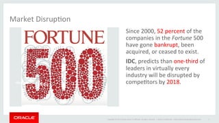 Copyright	
  ©	
  2014	
  Oracle	
  and/or	
  its	
  aﬃliates.	
  All	
  rights	
  reserved.	
  	
  |	
  
Market	
  DisrupOon	
  
Since	
  2000,	
  52	
  percent	
  of	
  the	
  
companies	
  in	
  the	
  Fortune	
  500	
  
have	
  gone	
  bankrupt,	
  been	
  
acquired,	
  or	
  ceased	
  to	
  exist.	
  
IDC,	
  predicts	
  than	
  one-­‐third	
  of	
  
leaders	
  in	
  virtually	
  every	
  
industry	
  will	
  be	
  disrupted	
  by	
  
compeOtors	
  by	
  2018.	
  
	
  
	
  
	
   Oracle	
  ConﬁdenOal	
  –	
  Internal/Restricted/Highly	
  Restricted	
   3	
  
Music	
   Media	
  
 