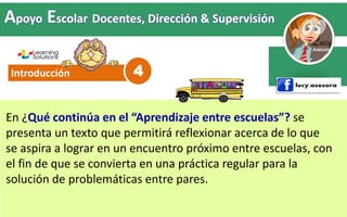 Introducción
En ¿Qué continúa en el “Aprendizaje entre escuelas”? se
presenta un texto que permitirá reflexionar acerca de lo que
se aspira a lograr en un encuentro próximo entre escuelas, con
el fin de que se convierta en una práctica regular para la
solución de problemáticas entre pares.
4
Apoyo Escolar Docentes, Dirección & Supervisión
 