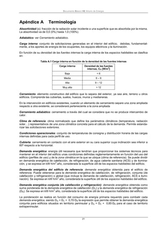 Documento Básico HE Ahorro de Energía
21
Apéndice A Terminología
Absortividad (α): fracción de la radiación solar incidente a una superficie que es absorbida por la misma.
La absortividad va de 0,0 (0%) hasta 1,0 (100%).
Adiabático: ver Cerramiento adiabático.
Carga interna: conjunto de solicitaciones generadas en el interior del edificio, debidas, fundamental-
mente, a los aportes de energía de los ocupantes, los equipos eléctricos y la iluminación.
En función de su densidad de las fuentes internas la carga interna de los espacios habitables se clasifica
en:
Tabla A.1 Carga interna en función de la densidad de las fuentes internas
Carga interna Densidad de las fuentes
internas, CFI [W/m
2
]
Baja < 6
Media 6 – 9
Alta 9 – 12
Muy alta > 12
Cerramiento: elemento constructivo del edificio que lo separa del exterior, ya sea aire, terreno u otros
edificios. Comprende las cubiertas, suelos, huecos, muros y medianeras.
En la intervención en edificios existentes, cuando un elemento de cerramiento separe una zona ampliada
respecto a otra existente, se considerará perteneciente a la zona ampliada
Cerramiento adiabático: cerramiento a través del cual se considera que no se produce intercambio de
calor.
Clima de referencia: clima normalizado que define los parámetros climáticos (temperatura, radiación
solar…) representativos de una zona climática concreta para el cálculo de la demanda. Permite estanda-
rizar las solicitaciones exteriores.
Condiciones operacionales: conjunto de temperaturas de consigna y distribución horaria de las cargas
internas definidas para cada perfil de uso.
Cubierta: cerramiento en contacto con el aire exterior en su cara superior cuya inclinación sea inferior a
60º respecto a la horizontal.
Demanda energética: energía útil necesaria que tendrían que proporcionar los sistemas técnicos para
mantener en el interior del edificio unas condiciones definidas reglamentariamente en función del uso del
edificio (perfiles de uso) y de la zona climática en la que se ubique (clima de referencia). Se puede dividir
en demanda energética de calefacción, de refrigeración, de agua caliente sanitaria (ACS) y de ilumina-
ción, y se expresa en kW·h/m
2
.año, considerada la superficie útil de los espacios habitables del edificio.
Demanda energética del edificio de referencia: demanda energética obtenida para el edificio de
referencia. Puede obtenerse para la demanda energética de calefacción, de refrigeración, conjunta (de
calefacción y refrigeración) o global (que incluye la demanda de calefacción, refrigeración, ACS e ilumi-
nación). Se expresa en kW·h/m
2
.año, considerada la superficie útil de los espacios habitables del edificio.
Demanda energética conjunta (de calefacción y refrigeración): demanda energética obtenida como
suma ponderada de la demanda energética de calefacción (DC) y la demanda energética de refrigeración
(DR). Se expresa en kW·h/m
2
.año, considerada la superficie útil de los espacios habitables del edificio.
La ponderación se realiza en función del consumo de energía primaria requerido para combatir cada
demanda energética, siendo DG = DC + 0,70·DR la expresión que permite obtener la demanda energética
conjunta para edificios situados en territorio peninsular y DG = DC + 0,85·DR para el caso de territorio
extrapeninsular.
 