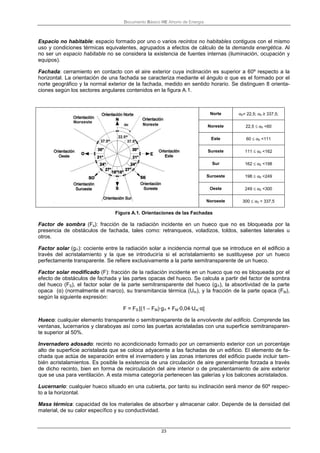 Documento Básico HE Ahorro de Energía
23
Espacio no habitable: espacio formado por uno o varios recintos no habitables contiguos con el mismo
uso y condiciones térmicas equivalentes, agrupados a efectos de cálculo de la demanda energética. Al
no ser un espacio habitable no se considera la existencia de fuentes internas (iluminación, ocupación y
equipos).
Fachada: cerramiento en contacto con el aire exterior cuya inclinación es superior a 60º respecto a la
horizontal. La orientación de una fachada se caracteriza mediante el ángulo α que es el formado por el
norte geográfico y la normal exterior de la fachada, medido en sentido horario. Se distinguen 8 orienta-
ciones según los sectores angulares contenidos en la figura A.1.
Norte α0< 22,5; α0 ≥ 337,5;
Noreste 22,5 ≤ α0 <60
Este 60 ≤ α0 <111
Sureste 111 ≤ α0 <162
Sur 162 ≤ α0 <198
Suroeste 198 ≤ α0 <249
Oeste 249 ≤ α0 <300
Noroeste 300 ≤ α0 < 337,5
Figura A.1. Orientaciones de las Fachadas
Factor de sombra (Fs): fracción de la radiación incidente en un hueco que no es bloqueada por la
presencia de obstáculos de fachada, tales como: retranqueos, voladizos, toldos, salientes laterales u
otros.
Factor solar (g┴): cociente entre la radiación solar a incidencia normal que se introduce en el edificio a
través del acristalamiento y la que se introduciría si el acristalamiento se sustituyese por un hueco
perfectamente transparente. Se refiere exclusivamente a la parte semitransparente de un hueco.
Factor solar modificado (F): fracción de la radiación incidente en un hueco que no es bloqueada por el
efecto de obstáculos de fachada y las partes opacas del hueco. Se calcula a partir del factor de sombra
del hueco (FS), el factor solar de la parte semitransparente del hueco (g┴), la absortividad de la parte
opaca (α) (normalmente el marco), su transmitancia térmica (Um), y la fracción de la parte opaca (FM),
según la siguiente expresión:
F = FS·[(1 – FM)·g┴ + FM·0,04·Um·α]
Hueco: cualquier elemento transparente o semitransparente de la envolvente del edificio. Comprende las
ventanas, lucernarios y claraboyas así como las puertas acristaladas con una superficie semitransparen-
te superior al 50%.
Invernadero adosado: recinto no acondicionado formado por un cerramiento exterior con un porcentaje
alto de superficie acristalada que se coloca adyacente a las fachadas de un edificio. El elemento de fa-
chada que actúa de separación entre el invernadero y las zonas interiores del edificio puede incluir tam-
bién acristalamientos. Es posible la existencia de una circulación de aire generalmente forzada a través
de dicho recinto, bien en forma de recirculación del aire interior o de precalentamiento de aire exterior
que se usa para ventilación. A esta misma categoría pertenecen las galerías y los balcones acristalados.
Lucernario: cualquier hueco situado en una cubierta, por tanto su inclinación será menor de 60º respec-
to a la horizontal.
Masa térmica: capacidad de los materiales de absorber y almacenar calor. Depende de la densidad del
material, de su calor específico y su conductividad.
 