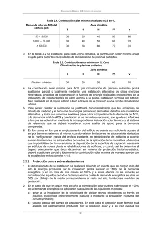Documento Básico HE Ahorro de energía
51
Tabla 2.1. Contribución solar mínima anual para ACS en %.
Demanda total de ACS del
edificio (l/d)
Zona climática
I II III IV V
50 – 5.000 30 30 40 50 60
5.000 – 10.000 30 40 50 60 70
> 10.000 30 50 60 70 70
3 En la tabla 2.2 se establece, para cada zona climática, la contribución solar mínima anual
exigida para cubrir las necesidades de climatización de piscinas cubiertas.
Tabla 2.2. Contribución solar mínima en %. Caso
Climatización de piscinas cubiertas
Zona climática
I II III IV V
Piscinas cubiertas 30 30 50 60 70
4 La contribución solar mínima para ACS y/o climatización de piscinas cubiertas podrá
sustituirse parcial o totalmente mediante una instalación alternativa de otras energías
renovables, procesos de cogeneración o fuentes de energía residuales procedentes de la
instalación de recuperadores de calor ajenos a la propia instalación térmica del edificio;
bien realizada en el propio edificio o bien a través de la conexión a una red de climatización
urbana.
5 Para poder realizar la sustitución se justificará documentalmente que las emisiones de
dióxido de carbono y el consumo de energía primaria no renovable, debidos a la instalación
alternativa y todos sus sistemas auxiliares para cubrir completamente la demanda de ACS,
o la demanda total de ACS y calefacción si se considera necesario, son iguales o inferiores
a las que se obtendrían mediante la correspondiente instalación solar térmica y el sistema
de referencia que se deberá considerar como auxiliar de apoyo para la demanda
comparada.
6 En los casos en los que el emplazamiento del edificio no cuente con suficiente acceso al
sol por barreras externas al mismo, cuando existan limitaciones no subsanables derivadas
de la configuración previa del edificio existente en rehabilitación de edificios o cuando
existan limitaciones no subsanables derivadas de la aplicación de la normativa urbanística
que imposibiliten de forma evidente la disposición de la superficie de captación necesaria
en edificios de nueva planta o rehabilitaciones de edificios, o cuando así lo determine el
órgano competente que deba dictaminar en materia de protección histórico-artística,
deberá sustituirse parcial o totalmente la contribución solar mínima de manera acorde con
lo establecido en los párrafos 4 y 5.
2.2.2 Protección contra sobrecalentamientos
1 El dimensionado de la instalación se realizará teniendo en cuenta que en ningún mes del
año la energía producida por la instalación podrá superar el 110% de la demanda
energética y en no más de tres meses el 100% y a estos efectos no se tomarán en
consideración aquellos periodos de tiempo en los cuales la demanda energética se sitúe un
50% por debajo de la media correspondiente al resto del año, tomándose medidas de
protección.
2 En el caso de que en algún mes del año la contribución solar pudiera sobrepasar el 100%
de la demanda energética se adoptarán cualquiera de las siguientes medidas:
a) dotar a la instalación de la posibilidad de disipar dichos excedentes (a través de
equipos específicos preferentemente pasivos o mediante la circulación nocturna del
circuito primario);
b) tapado parcial del campo de captadores. En este caso el captador solar térmico está
aislado del calentamiento producido por la radiación solar y a su vez evacua los
 