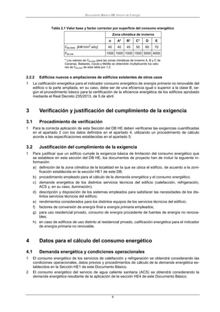 Documento Básico HE Ahorro de Energía
9
Tabla 2.1 Valor base y factor corrector por superficie del consumo energético
Zona climática de invierno
α A* B* C* D E
Cep,base [kW·h/m
2
·año] 40 40 45 50 60 70
Fep,sup 1000 1000 1000 1500 3000 4000
* Los valores de Cep,base para las zonas climáticas de invierno A, B y C de
Canarias, Baleares, Ceuta y Melilla se obtendrán multiplicando los valo-
res de Cep,base de esta tabla por 1,2.
2.2.2 Edificios nuevos o ampliaciones de edificios existentes de otros usos
1 La calificación energética para el indicador consumo energético de energía primaria no renovable del
edificio o la parte ampliada, en su caso, debe ser de una eficiencia igual o superior a la clase B, se-
gún el procedimiento básico para la certificación de la eficiencia energética de los edificios aprobado
mediante el Real Decreto 235/2013, de 5 de abril.
3 Verificación y justificación del cumplimiento de la exigencia
3.1 Procedimiento de verificación
1 Para la correcta aplicación de esta Sección del DB HE deben verificarse las exigencias cuantificadas
en el apartado 2 con los datos definidos en el apartado 4, utilizando un procedimiento de cálculo
acorde a las especificaciones establecidas en el apartado 5;
3.2 Justificación del cumplimiento de la exigencia
1 Para justificar que un edificio cumple la exigencia básica de limitación del consumo energético que
se establece en esta sección del DB HE, los documentos de proyecto han de incluir la siguiente in-
formación:
a) definición de la zona climática de la localidad en la que se ubica el edificio, de acuerdo a la zoni-
ficación establecida en la sección HE1 de este DB;
b) procedimiento empleado para el cálculo de la demanda energética y el consumo energético;
c) demanda energética de los distintos servicios técnicos del edificio (calefacción, refrigeración,
ACS y, en su caso, iluminación);
d) descripción y disposición de los sistemas empleados para satisfacer las necesidades de los dis-
tintos servicios técnicos del edificio;
e) rendimientos considerados para los distintos equipos de los servicios técnicos del edificio;
f) factores de conversión de energía final a energía primaria empleados;
g) para uso residencial privado, consumo de energía procedente de fuentes de energía no renova-
bles;
h) en caso de edificios de uso distinto al residencial privado, calificación energética para el indicador
de energía primaria no renovable.
4 Datos para el cálculo del consumo energético
4.1 Demanda energética y condiciones operacionales
1 El consumo energético de los servicios de calefacción y refrigeración se obtendrá considerando las
condiciones operacionales, datos previos y procedimientos de cálculo de la demanda energética es-
tablecidos en la Sección HE1 de este Documento Básico.
2 El consumo energético del servicio de agua caliente sanitaria (ACS) se obtendrá considerando la
demanda energética resultante de la aplicación de la sección HE4 de este Documento Básico.
 