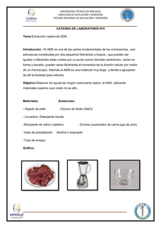 UNIVERSIDAD TÉCNICA DE MACHALA
DIRECCIÓN DE NIVELACIÓN Y ADMISIÓN
SISTEMA NACIONAL DE NIVELACIÓN Y ADMISIÓN

_____________________________________________________________________________
CÁTEDRA DE LABORATORIO Nº4
Tema:Extracción casera de ADN.

Introducción : El AND es una de las partes fundamentales de los cromosomas , son
estructuras constituidas por dos pequeños filamentos o brazos , que pueden ser
iguales o diferentes están unidos por un punto común llamado centrómero, varían en
forma y tamaño, pueden verse fácilmente al momentos de la división celular por medio
de un microscopio. Además el ADN es una molécula muy larga y tiende a agruparse
de allí la facilidad para retirarla.
Objetivo:Observar sin ayuda de ningún instrumento óptico, el ADN, utilizando
materiales caseros cuyo costo no es alto.

Materiales:
- Hígado de pollo

Sustancias:
-Cloruro de Sodio (NaCl)

- Licuadora -Detergente líquido
-Recipiente de vidrio o plástico
-Vaso de precipitación

- Enzima (suavizador de carne jugo de piña)

-Alcohol o isopropilo

-Tubo de ensayo
Gráfico:

______________________________________________________________________

 