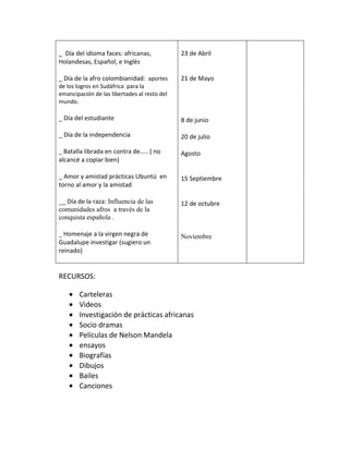 _ Día del idioma faces: africanas,
Holandesas, Español, e Inglés
_ Día de la afro colombianidad: aportes
de los logros en Sudáfrica para la
emancipación de las libertades al resto del
mundo.
_ Día del estudiante
_ Día de la independencia
_ Batalla librada en contra de….. ( no
alcancé a copiar bien)
_ Amor y amistad prácticas Ubuntú en
torno al amor y la amistad
__ Día de la raza: Influencia de las
comunidades afros a través de la
conquista española .
_ Homenaje a la virgen negra de
Guadalupe investigar (sugiero un
reinado)
23 de Abril
21 de Mayo
8 de junio
20 de julio
Agosto
15 Septiembre
12 de octubre
Noviembre
RECURSOS:
Carteleras
Videos
Investigación de prácticas africanas
Socio dramas
Películas de Nelson Mandela
ensayos
Biografías
Dibujos
Bailes
Canciones
 