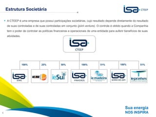 Estrutura Societária

     A CTEEP é uma empresa que possui participações societárias, cujo resultado depende diretamente do resultado
                              A estratégia da CTEEP é baseada no crescimento sustentável
      de suas controladas e de suas controladas em conjunto (joint venture). O controle é obtido quando a Companhia
                                                    com foco na contínua criação de valor
      tem o poder de controlar as políticas financeiras e operacionais de uma entidade para auferir benefícios de suas
      atividades.




                    100%         25%            50%              100%           51%             100%            51%




                                                                                                    Sua energia
4                                                                                                   NOS INSPIRA
 