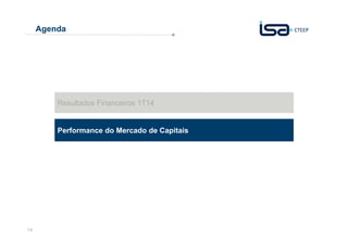 14
Agenda
Resultados Financeiros 1T14
Performance do Mercado de Capitais
 
